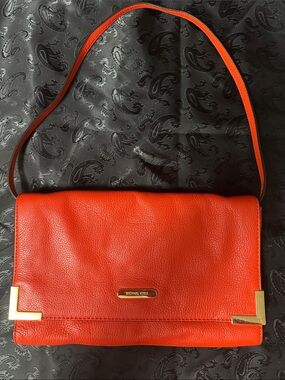 Michael Kors Orange/Deep Coral Leather Shoulder Bag with Gold Accents